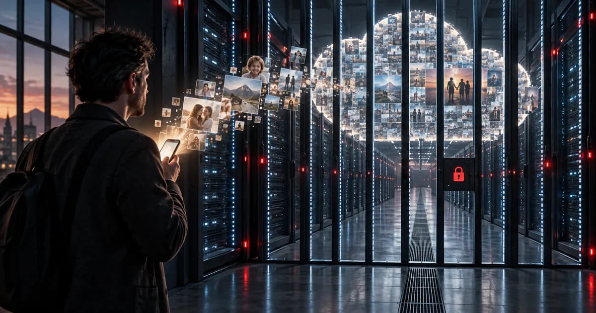 KI-Rechenzentren und Cloud-Abhängigkeit KI-generierte Symbolvisualisierung eines Menschen vor einem Rechenzentrum, dessen Serverreihen wie Gefängnisstäbe wirken, während private Familienfotos in eine Cloud fließen