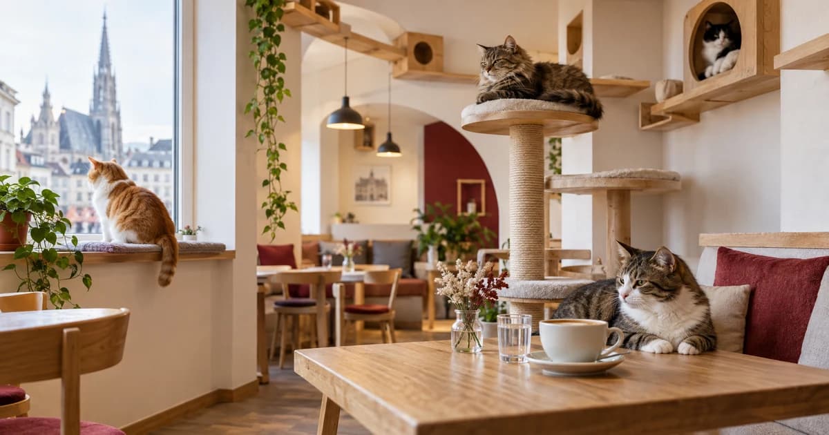 Katzencafés in Österreich – Kaffee, Katzen und verantwortungsvolles Tierwohl KI-generierte redaktionelle Visualisierung eines ruhigen Katzencafés mit freiwilligen Rückzugsplätzen für mehrere Katzen