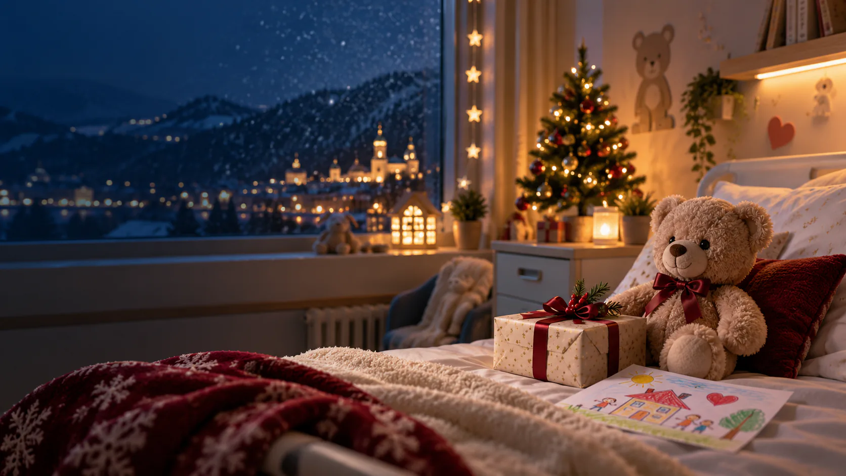 Teddy und Geschenk auf einem Bett in einem weihnachtlich gestalteten Klinikzimmer – KI-generiertes Symbolbild